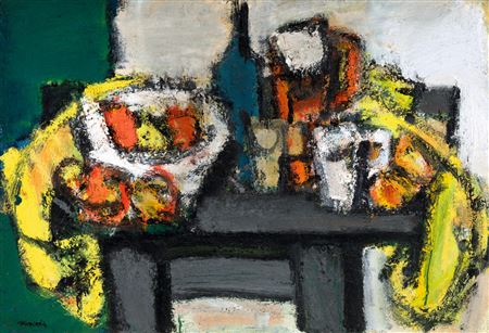 Still Life with Yellow Drapery and Wine Bottle