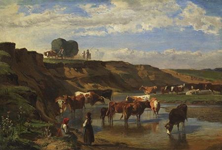 SHEPHERDESSES WITH HERD AT THE FORD