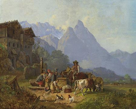 Mountain village with fountain. In the background the Wetterstein Mountains