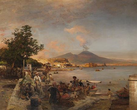 Market scene near Naples with a view of Mount Vesuvius