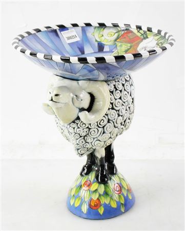 Pedestal bowl, baby sheep, blue base