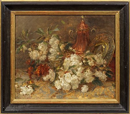 Flower still life with goblet glass, crane jug and brass bowl by Marie Oesterley - Auction record, sale price, and art valuation. Compare with similar artists and explore comparable artworks.