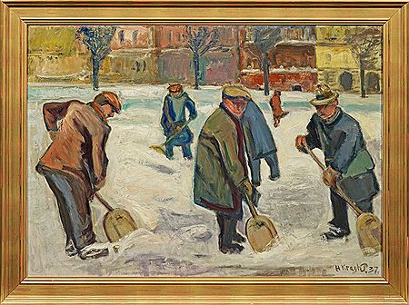 Männergruppe beim Schneeschippen in einer Stadt by Johannes Kragh - Auction record, sale price, and art valuation. Compare with similar artists and explore comparable artworks.