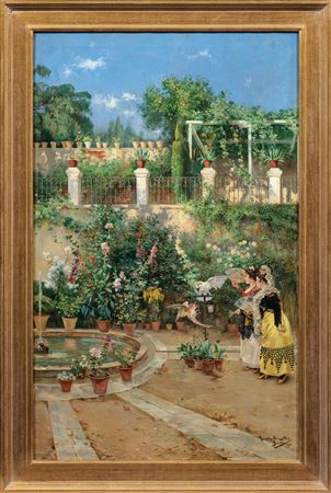 Garden courtyard with two ladies in conversation while admiring cockatoos