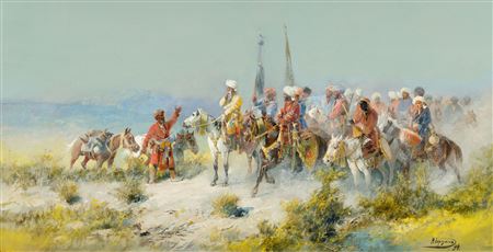 Cavalcade with flags and musical instruments, probably in Kyrgyzstan