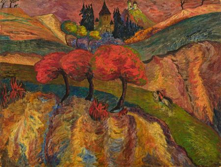Romantic landscape with riders.