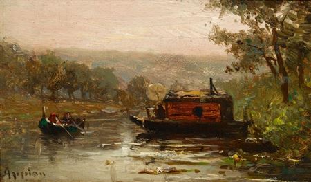 Charles-François Daubigny under a parasol on his house boat painting by Adolphe Appian - Auction record, sale price, and art valuation. Compare with similar artists and explore comparable artworks.