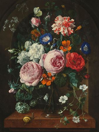 Bouquet of flowers in a glass vase with butterfly, caterpillar and snail by Nicolaes Van Verendael - Auction record, sale price, and art valuation. Compare with similar artists and explore comparable artworks.