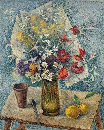 Composition au bouquet de fleurs et aux fruits