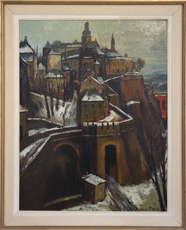 View of snow-covered town