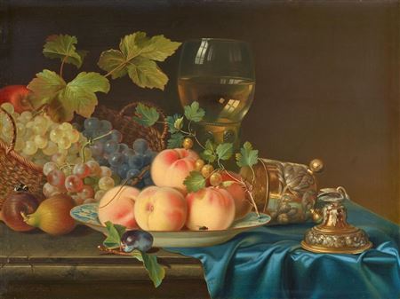 Still life with a Chinese Dish with Peaches, a Roemer, a Silver Covered Cup and Grape Vines