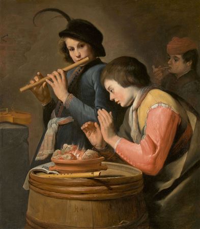 Two young flute players at a brazier and a smoker