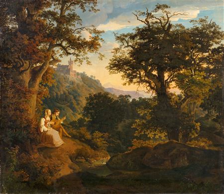 Vast landscape with a lute player and a young woman below a castle complex
