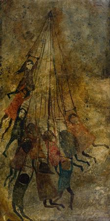 Depicting children swinging on a maypole
