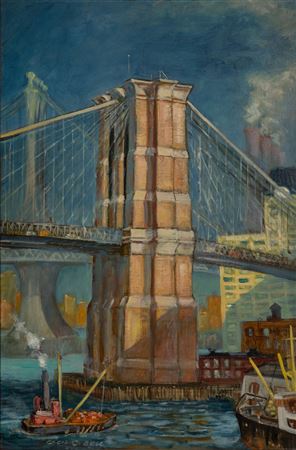 Brooklyn Bridge, the Manhattan Bridge, skyline beyond and watercraft in the foreground