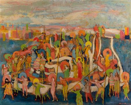 Folk Festival Gathering, 1974 by Humbert Howard - Auction record, sale price, and art valuation. Compare with similar artists and explore comparable artworks.