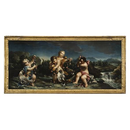 Putti Playing With Flower Crowns in a Bucolic Landscape