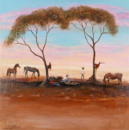 Drover's Camp by Sue Nagel - Auction record, sale price, and art valuation. Compare with similar artists and explore comparable artworks.