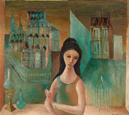 Woman with Bird and Terrace Houses