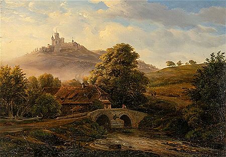 "Landsberg by Meiningen" river landscape with mill and stone bridge, on the hill of Landsberg Castle.