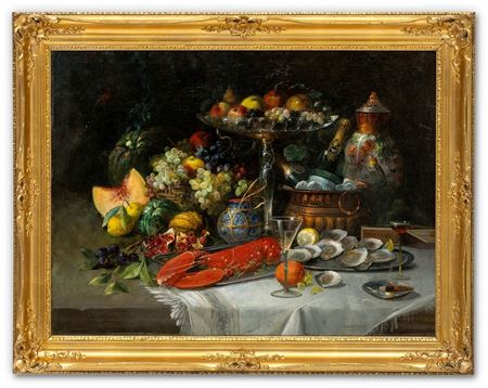 Großes Stillleben mit Hummer, Austern, Champagner, Obst und Zigarre