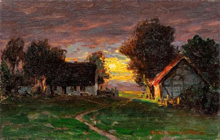 Landscape with farmhouses at sunset
