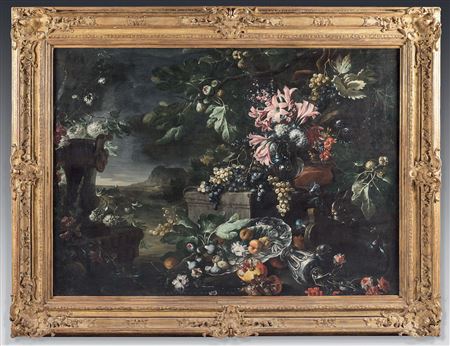 Still life with vases of flowers and fruit
