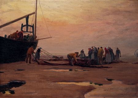 Returning from fishing in the evening on the Berck beach