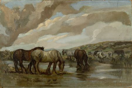 Horses and cattle watering at a river