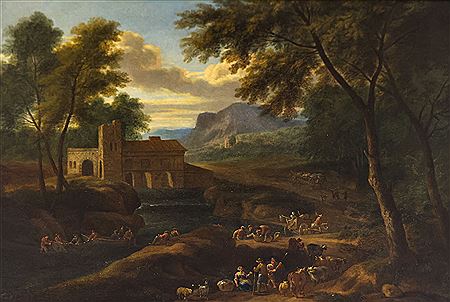 ''River Landscape with Villagers''
