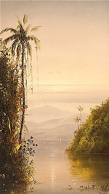 ''Tropical Lake with Volcano in Distance''