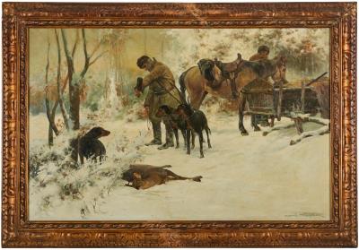 Hunter with Game in the Winter Forest by Karol Kossak - Auction record, sale price, and art valuation. Compare with similar artists and explore comparable artworks.
