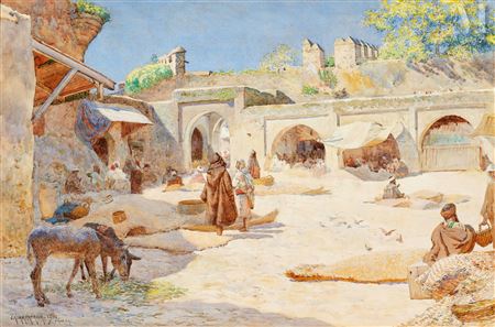 The grain market in Tangier by Joseph Kirkpatrick - Auction record, sale price, and art valuation. Compare with similar artists and explore comparable artworks.