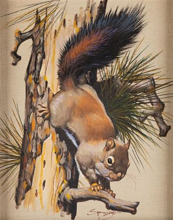 Pine Squirrel; Chipmunk; Black Capped Chickadee; Squirrel on a Snowy Branch (4) by Elmer Sprunger - Auction record, sale price, and art valuation. Compare with similar artists and explore comparable artworks.