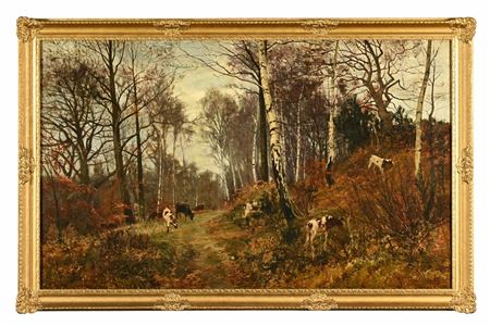 Cattle by track in wooded landscape