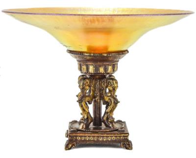 STEUBEN GOLD AURENE CENTERPIECE BOWL WITH SEGAR STUDIOS PEDESTAL