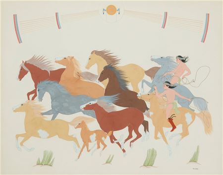 "Old Time Navajo Wild Horse Round-Up" by Harrison (Haskay Yahne Yah) Begay - Auction record, sale price, and art valuation. Compare with similar artists and explore comparable artworks.