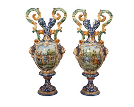 A Pair Of Large Renaissance Style Maiolica Two-Handled Vases (2)