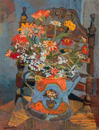 "Zinnias in Blue Water Can," 1970