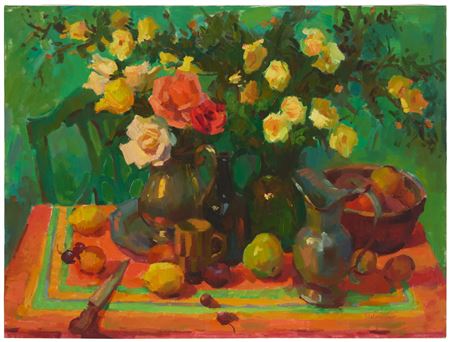 Still life with flowers and fruit