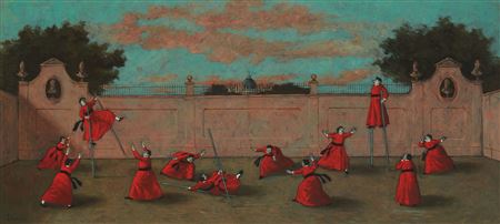 Cardinals exercising, some walking on stilts