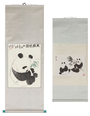 Two Chinese scrolls depicting pandas