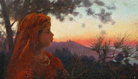 Young girl in front of the setting sun, 1905