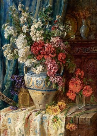 Magnificent floral still life with various bouquets in a salon by Marie Weber - Auction record, sale price, and art valuation. Compare with similar artists and explore comparable artworks.