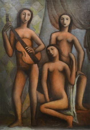 Hree female nudes making music and singing by Elemer Polony - Auction record, sale price, and art valuation. Compare with similar artists and explore comparable artworks.