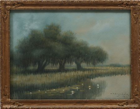 "Louisiana Bayou with Oak Trees and Waterlilies"