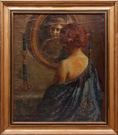 "Young Woman before a Mirror in a Blue Silk Robe"