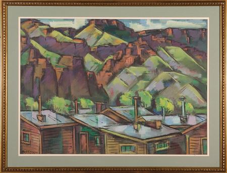 "Mountainous Landscape with Cabins"