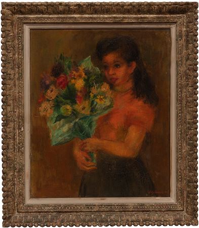"Young Woman with Bouquet of Flowers"