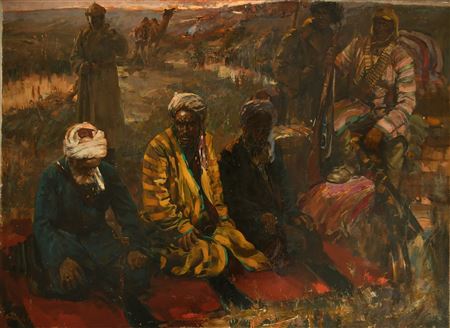 Three North African figures at Prayer with guards in attendance